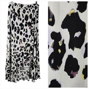 Cato Western Cow Print Ruffled Asymmetrical Faux Wrap Maxi Skirt Jersey Knit M